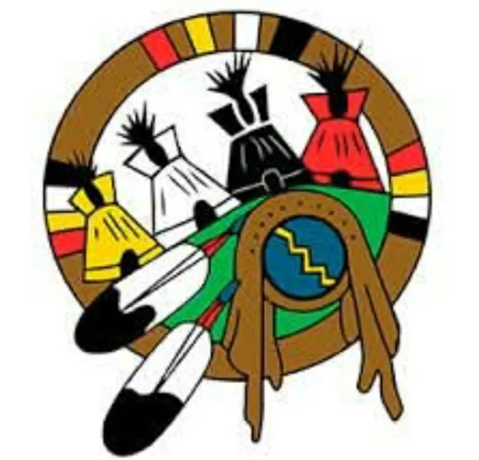 Colorful circular emblem with stylized figures and a shield.