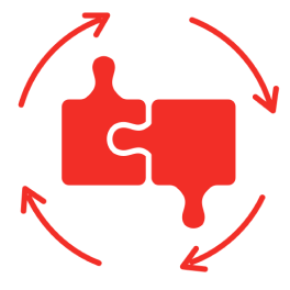Red circular icon with two interlocking puzzle pieces and arrows.