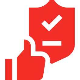 Red thumbs-up icon with a speech bubble containing a check mark.