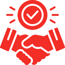 A red icon of a hand holding a magnifying glass inspecting a check mark inside a circle.